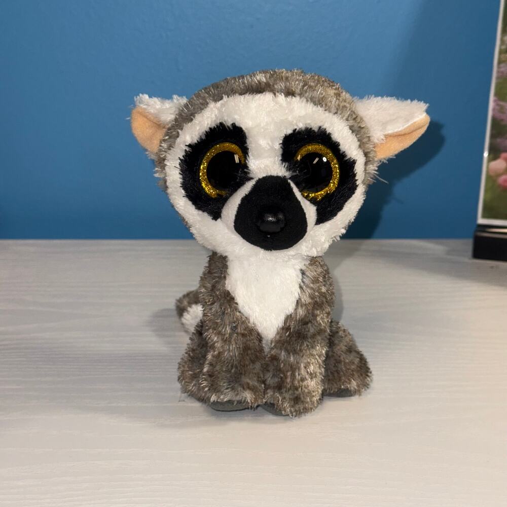 Ty Beanie Boo Linus the Lemur Gray White Plush 6” Gold Eyes Stuffed Animal